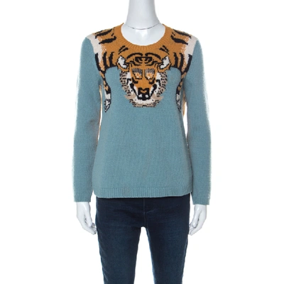 Pre-owned Gucci Blue Wool Tiger-intarsia Jumper L