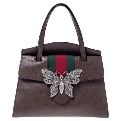 Pre-owned Gucci Brown Leather Medium Web Butterfly Embellished Medium Linea Totem Tote