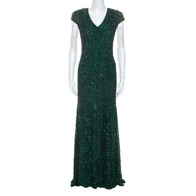Pre-owned Jenny Packham Green Embellished Matador Evening Gown