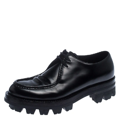 Pre-owned Prada Black Leather Lug Sole Lace Up Oxford Size 42