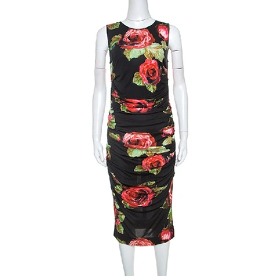 Pre-owned Dolce & Gabbana Floral Print Ruched Sleeveless Dress M In Black