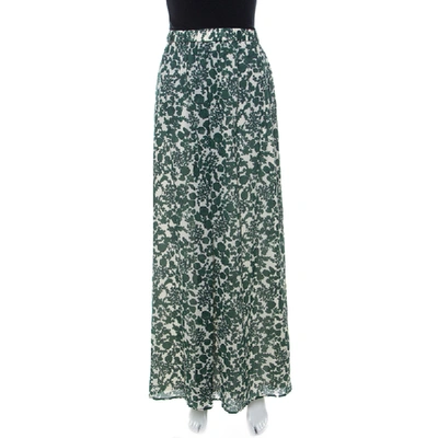 Pre-owned Tory Burch Off White And Green Vine Print Silk Blend Soraya Maxi Skirt M