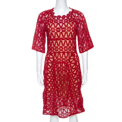Pre-owned Chloé Lacquer Red Corded Lace Contrast Silk Lined Sheath Dress S