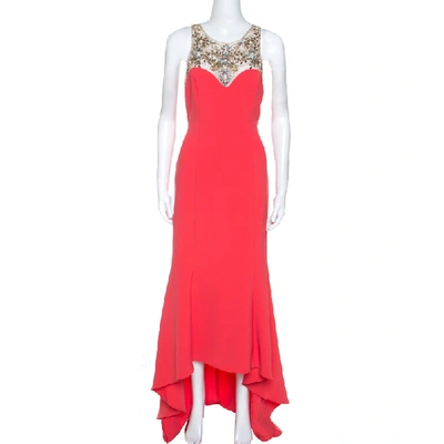 Pre-owned Marchesa Coral Pink Stretch Crepe Embelished High Low Gown S