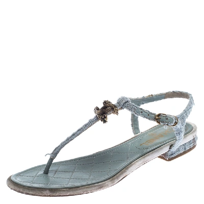 Pre-owned Chanel Light Blue Tweed Fabric Cc Thong Sandals Size 37.5