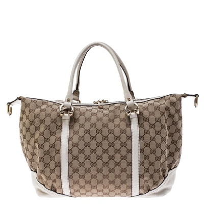 Pre-owned Gucci Beige/cream Gg Canvas And Leather Medium Horsebit Nail Boston Bag