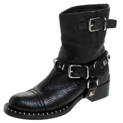 Pre-owned Miu Miu Black Leather Short Studded Motorcycle Boots Size 38.5