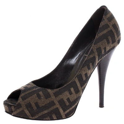 Pre-owned Fendi Brown Zucca Canvas Platform Peep Toe Pumps Size 37