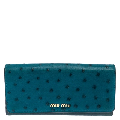 Pre-owned Miu Miu Teal Ostrich And Leather Continental Wallet In Blue