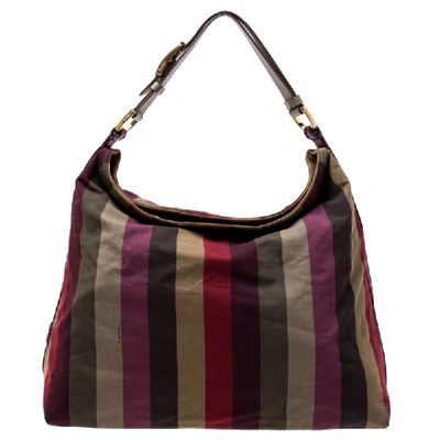 Pre-owned Fendi Multicolor Canvas And Leather Large Pequin Striped Hobo