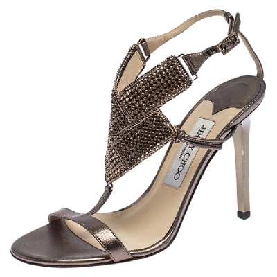 Pre-owned Jimmy Choo Metallic Bronze Leather Crystal Embellished Ankle Strap Sandals Size 36.5