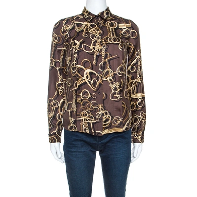 Pre-owned Gucci Brown Silk Twill Horsebit Print Button Front Blouse S