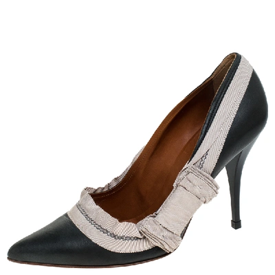Pre-owned Lanvin Grey Leather And Beige Canvas Trim Pointed Toe Pumps Size 41