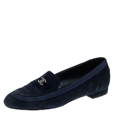 Pre-owned Chanel Blue Suede Cc Slip On Loafers Size 36