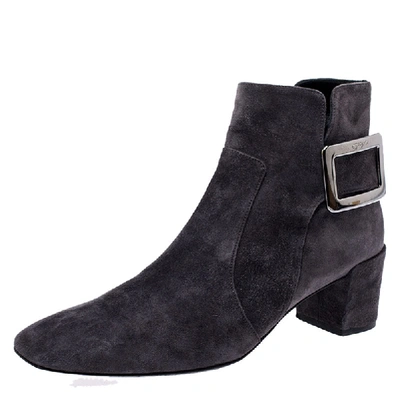 Pre-owned Roger Vivier Grey Suede Polly Side Buckle Ankle Boots Size 37