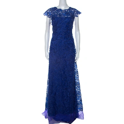 Pre-owned Tadashi Shoji Royal Blue Lace Cap Sleeve Milien Evening Dress L