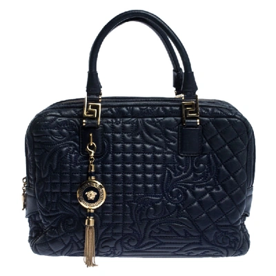 Pre-owned Versace Blue Leather Demetra Vanitas Top Handle Bag
