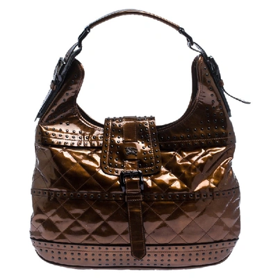 Pre-owned Burberry Bronze Quilted Patent Leather Studded Hobo In Brown