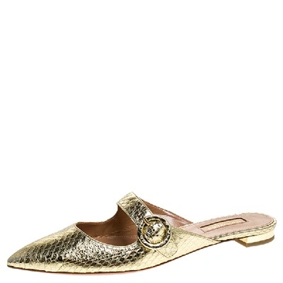 Pre-owned Aquazzura Metallic Gold Snake Leather Blossom Pointed Toe Flat Mules Size 37.5