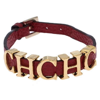 Pre-owned Carolina Herrera Ch Logo Red Leather Gold Tone Bracelet