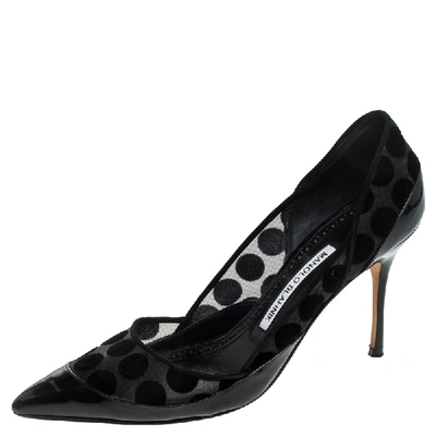 Pre-owned Manolo Blahnik Black Mesh And Patent Leather Polka Dot Pointed Toe Pumps Size 38