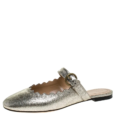 Pre-owned Chloé Silver Foil Leather Lauren Buckle Strap Flat Slides Size 39