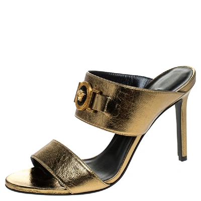 Pre-owned Versace Metallic Gold Leather Icon Medusa Mule Sandals Size 37