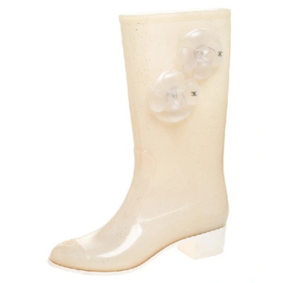 Pre-owned Chanel Cream Glitter Rubber Cc Camellia Rain Boots Size 37
