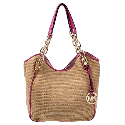 Pre-owned Michael Michael Kors Brown/pink Woven Raffia And Leather Chain Tote