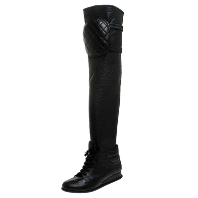 Pre-owned Chanel Black Quilted Leather Knee Length Boots Size 37.5