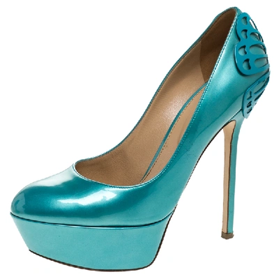 Pre-owned Sergio Rossi Blue Patent Leather Butterfly Plaque Platform Pumps Size 36.5