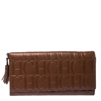 Pre-owned Carolina Herrera Brown Monogram Leather Tassel Continental Wallet