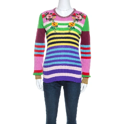 Pre-owned Gucci Multicolor Striped Cashmere Blend Applique Detail Sweater M