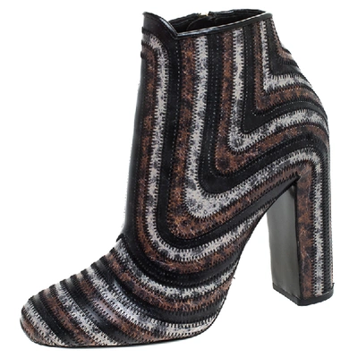 Pre-owned Ferragamo Multicolor Leather Feeling Zig Zag Block Heel Ankle Boots Size 37.5 In Brown