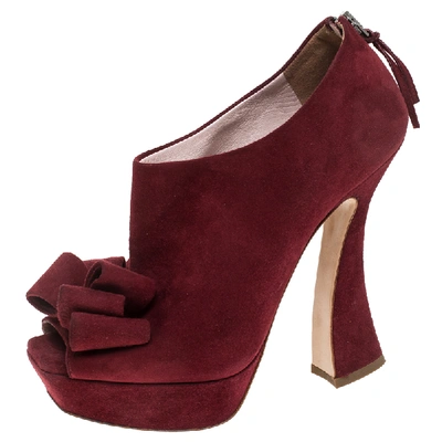 Pre-owned Miu Miu Red Suede Bow Peep Toe Platform Pumps Size 36 In Burgundy