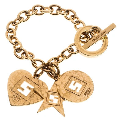 Pre-owned Fendi Multi Charm Gold Tone Chain Link Toggle Bracelet