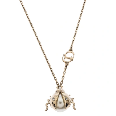 Pre-owned Dior Crystal Faux Pearl Lady Bug Gold Tone Pendant Necklace