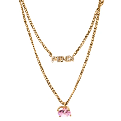 Pre-owned Fendi Gold Tone Pink Stone Logo Name Crystal Embellished Necklace