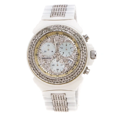Pre-owned Lancaster Mother Of Pearl Diamond Pave White Ceramic Stainless Steel Ref.0293 Women's Wristwatch 40 Mm