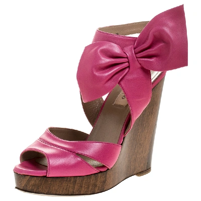 Pre-owned Valentino Garavani Pink Leather Bow Detail Ankle Strap Wedge Platform Sandals Size 36