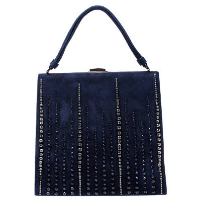 Pre-owned Valentino Garavani Navy Blue Suede Crystal Embellished Satchel