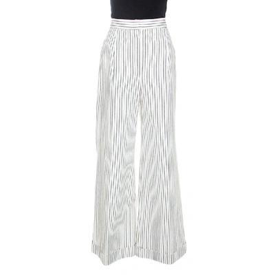 Pre-owned Chanel Off White Striped Cotton Twill Wide Leg Trousers M