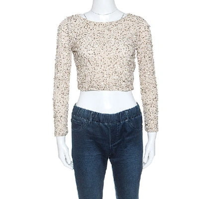 Pre-owned Alice And Olivia Beige Embellished Long Sleeve Lacey Crop Top S