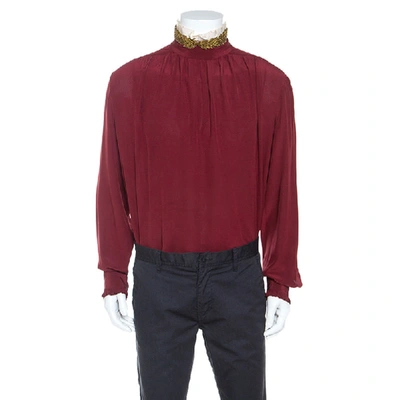 Pre-owned Gucci Burgundy Silk Embellished Collar Ruffle Trim Shirt Xl