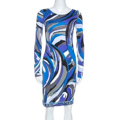 Pre-owned Emilio Pucci Blue Signature Printed Jersey Buckled Dress S
