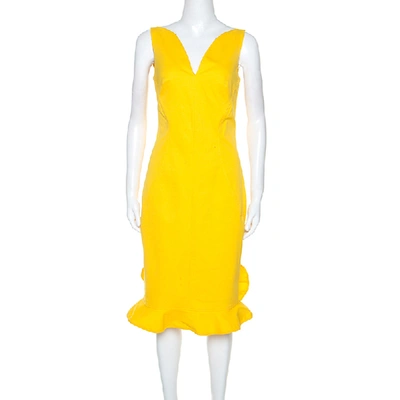 Pre-owned Oscar De La Renta Yellow Stretch Cotton Ruffled Hem Midi Dress S