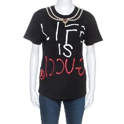 Pre-owned Gucci Black Printed Cotton Pearl Necklace Embellished T-shirt S