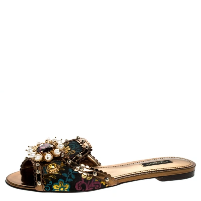 Pre-owned Dolce & Gabbana Multicolor Floral Brocade Fabric And Patent Leather Trim Faux Pearl Embellished Flat Slides Size 36