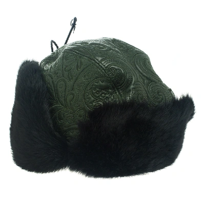 Pre-owned Etro Dark Green Leather And Rabbit Fur Aviator Hat M