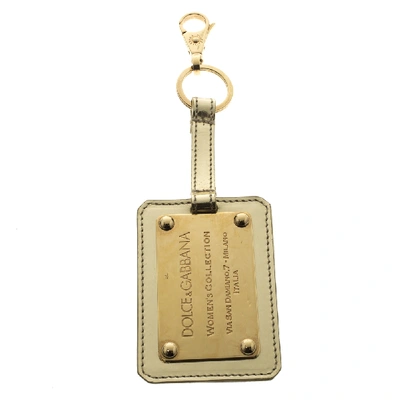 Pre-owned Dolce & Gabbana Metallic Leather Logo Plaque Keyring In Gold